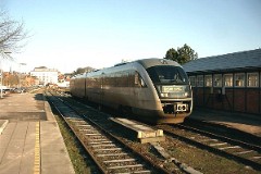 DSB Desiro MQ 4114 trainset photographed at the railway station in Svendborg 31. December 2003. The MQ class is built by Siemens in Germany. DSB has leased 12 units primarily for the line Odense - Svendborg. The type is used widely in Germany. The trainsets were put in service in Denmark in 2002. Two diesel engines of 315 kW per trainset. Max speed 120 km/h - 75 mph. Length 41 700 mm. Weight 68,2 metric tonnes. 114 seats 2nd class. Up to 3 trainsets can be put together.